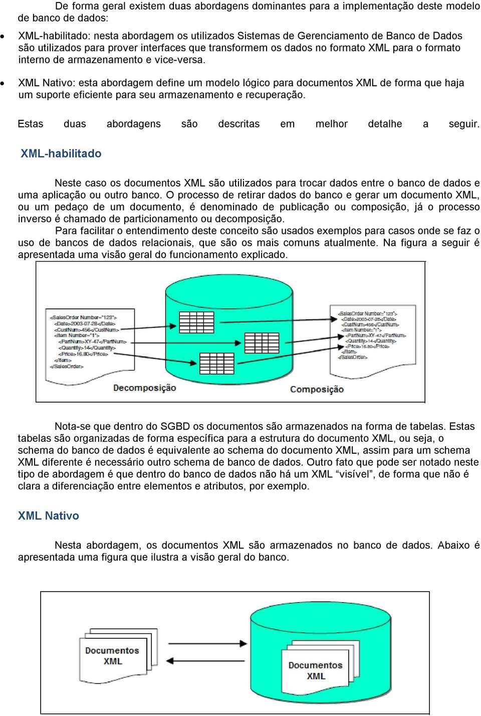 XML Nativo: esta abordagem define um modelo lógico para documentos XML de forma que haja um suporte eficiente para seu armazenamento e recuperação.