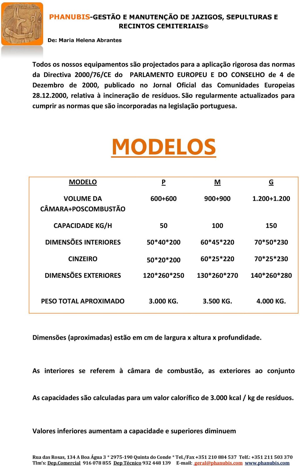 MODELOS MODELO P M G VOLUME DA CÂMARA+POSCOMBUSTÃO 600+600 900+900 1.200+1.