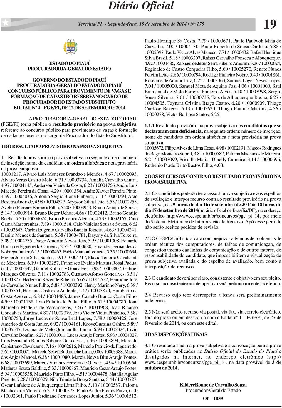 para provimento de vagas e formação de cadastro reserva no cargo de Procurador do Estado Substituto. 1 DO RESULTADO PROVISÓRIO NA PROVA SUBJETIVA 1.