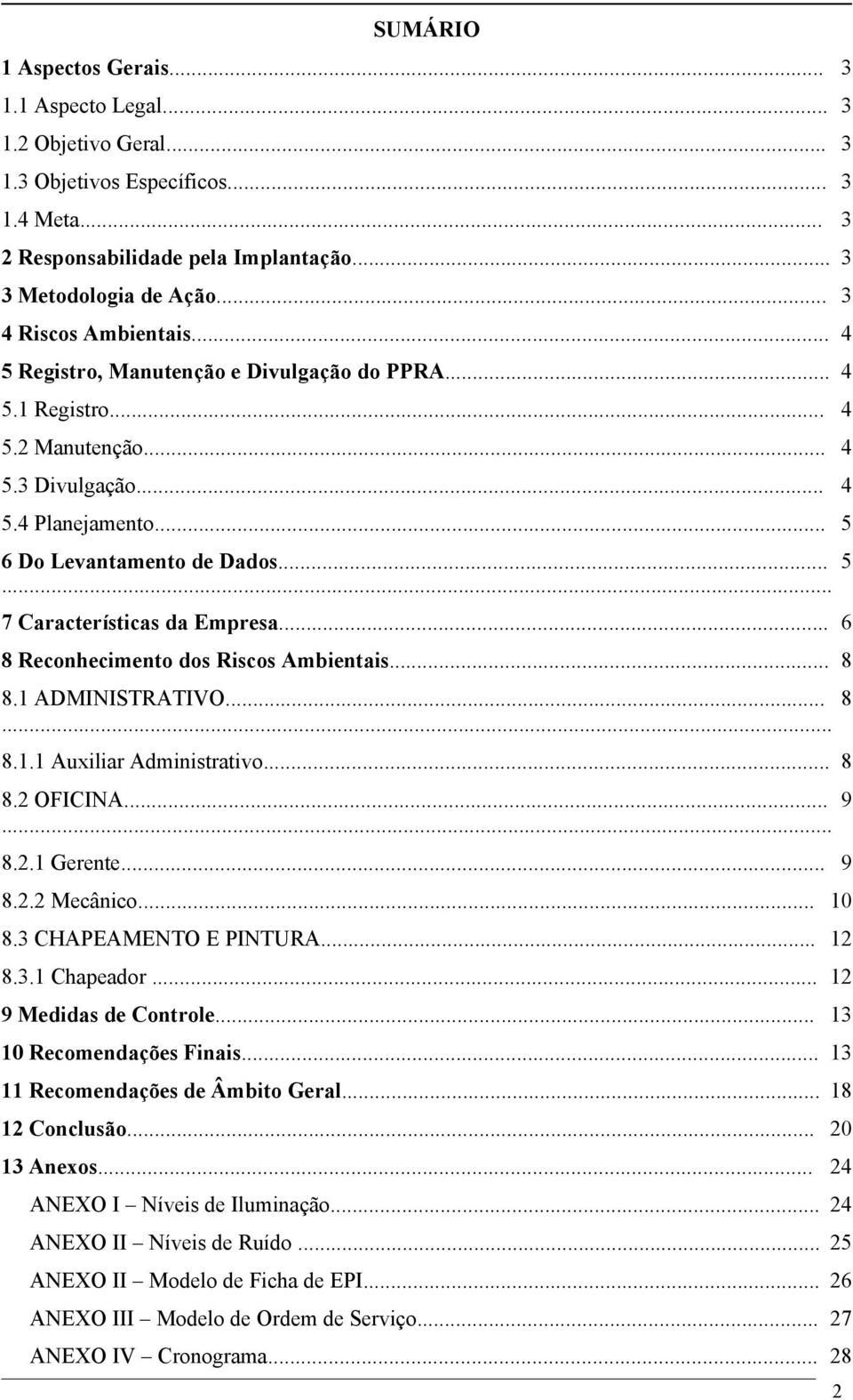 .. 6 8 Reconhecimento dos Riscos Ambientais... 8 8.1 ADMINISTRATIVO... 8... 8.1.1 Auxiliar Administrativo... 8 8.2 OFICINA... 9... 8.2.1 Gerente... 9 8.2.2 Mecânico... 10 8.3 CHAPEAMENTO E PINTURA.