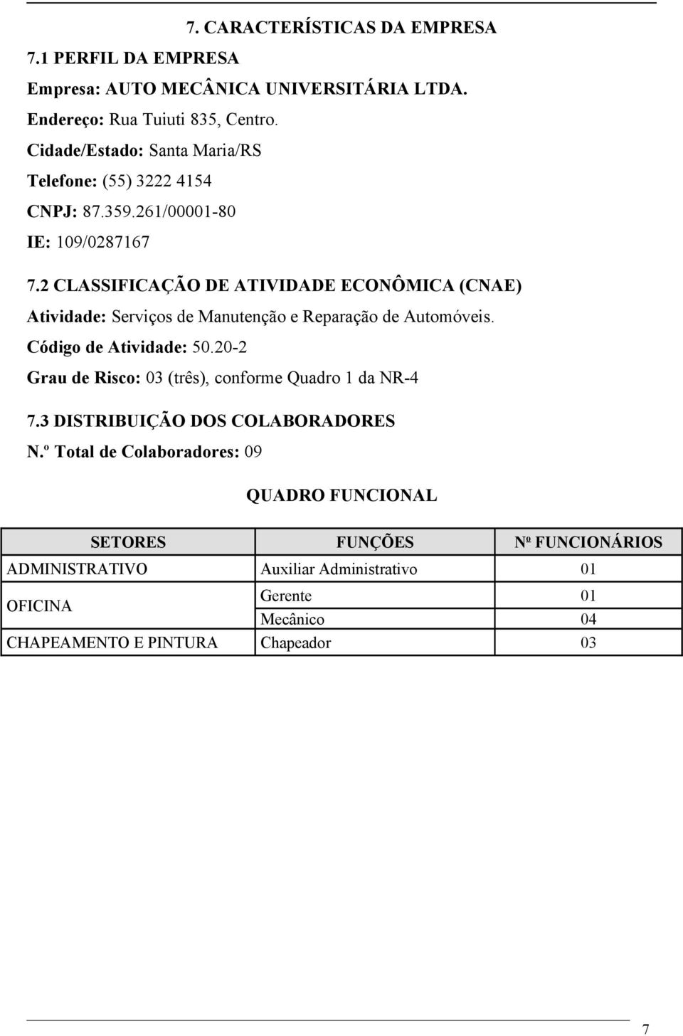 2 CLASSIFICAÇÃO DE ATIVIDADE ECONÔMICA (CNAE) Atividade: Serviços de Manutenção e Reparação de Automóveis. Código de Atividade: 50.