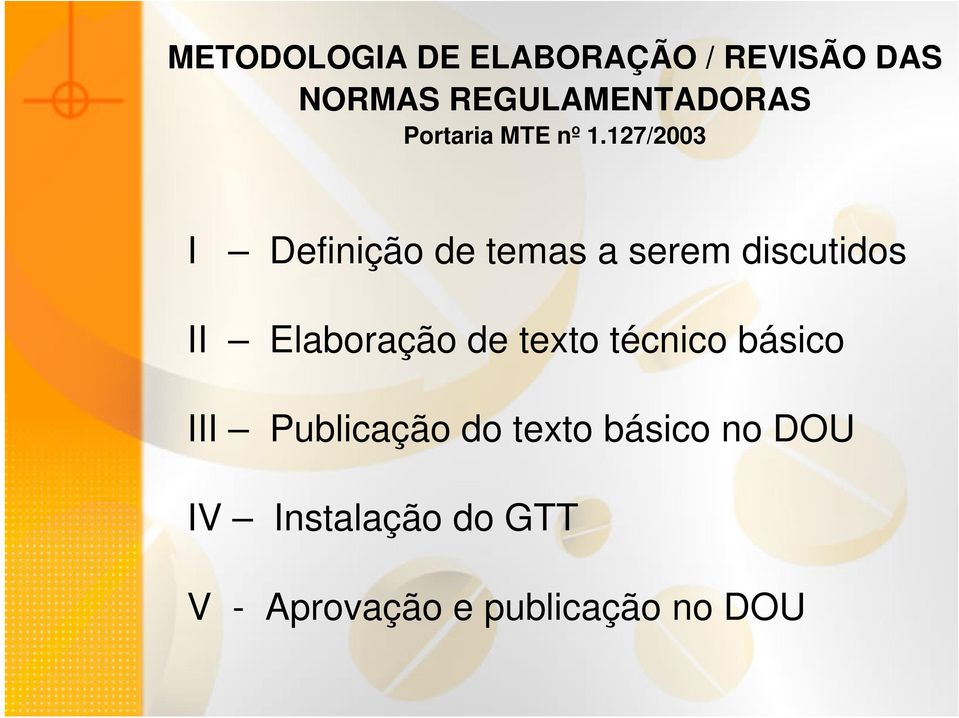 127/2003 I Definição de temas a serem discutidos II Elaboração de