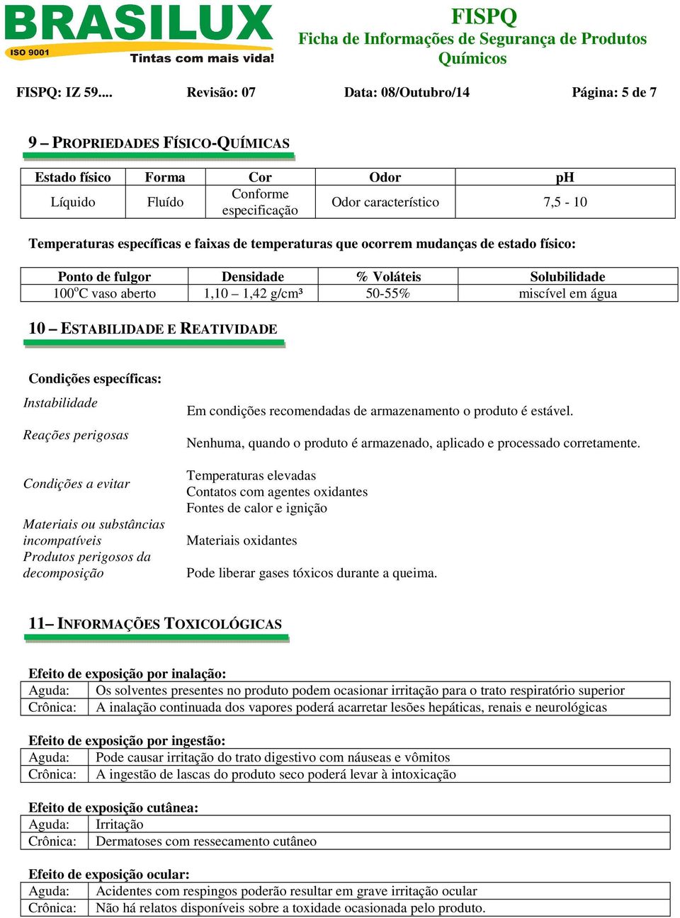 específicas e faixas de temperaturas que ocorrem mudanças de estado físico: Ponto de fulgor Densidade % Voláteis Solubilidade 100 o C vaso aberto 1,10 1,42 g/cm³ 50-55% miscível em água 10