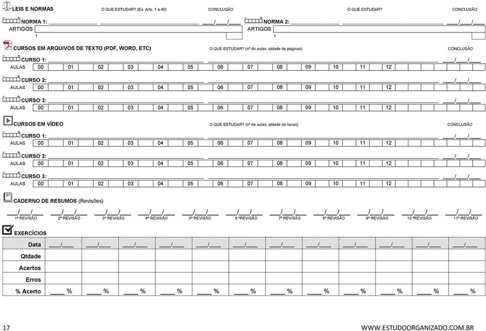 (nº de aulas, qtdade de horas) CONCLUSÃO CURSO 1: CURSO 2: CURSO 3: CADERNO DE RESUMOS (Revisões) / / / / / / / / / / / / / / / / / / / / / / 1ª REVISÃO 2ª