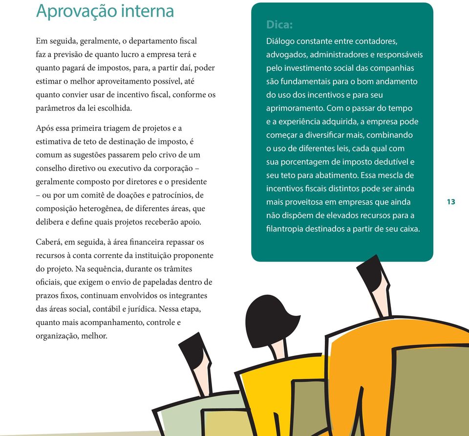 Após essa primeira triagem de projetos e a estimativa de teto de destinação de imposto, é comum as sugestões passarem pelo crivo de um conselho diretivo ou executivo da corporação geralmente composto