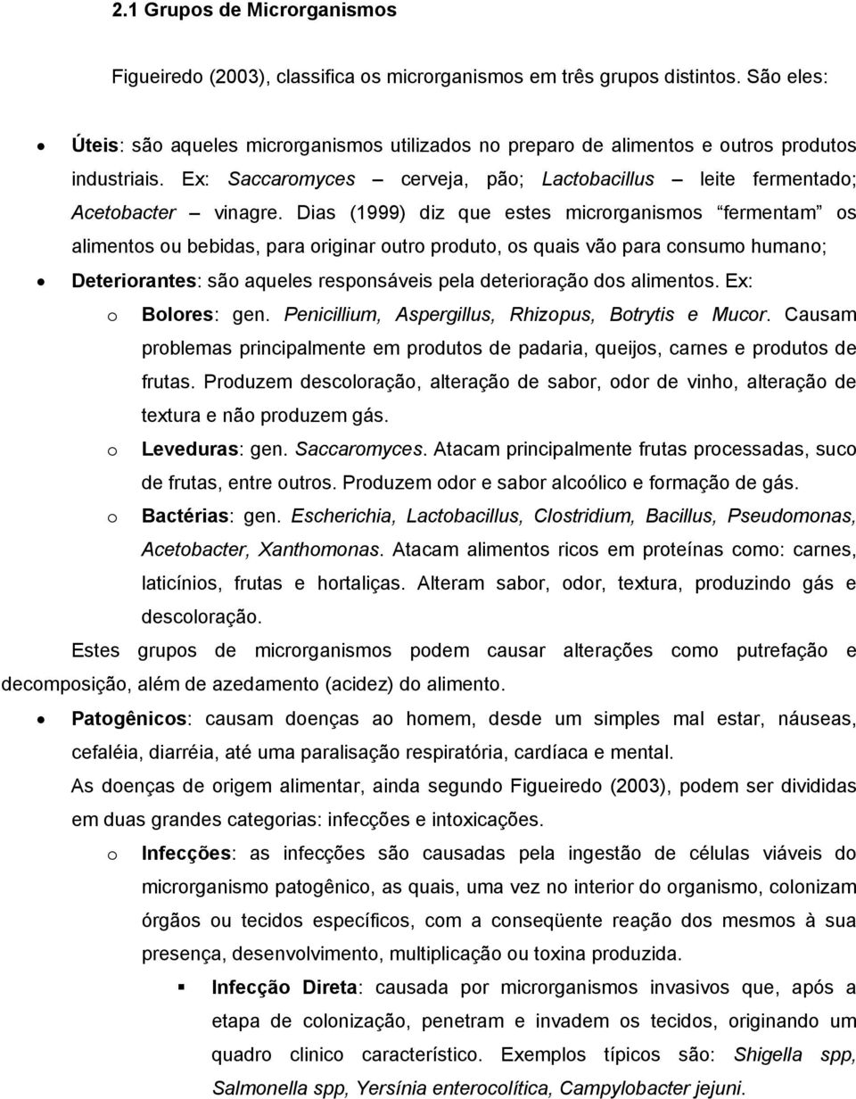 Dias (1999) diz que estes microrganismos fermentam os alimentos ou bebidas, para originar outro produto, os quais vão para consumo humano; Deteriorantes: são aqueles responsáveis pela deterioração