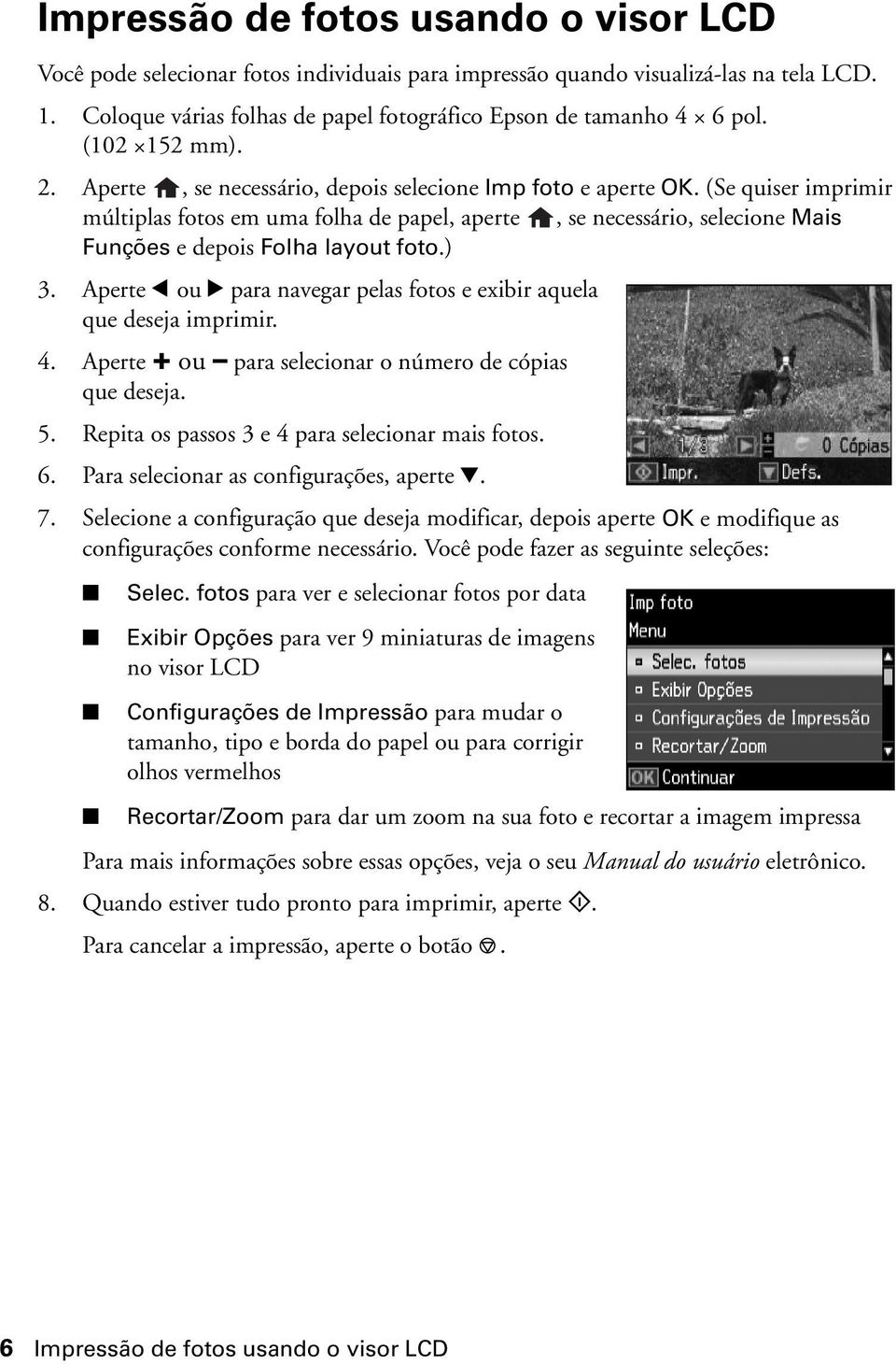 (Se quiser imprimir múltiplas fotos em uma folha de papel, aperte, se necessário, selecione Mais Funções e depois Folha layout foto.) 3.