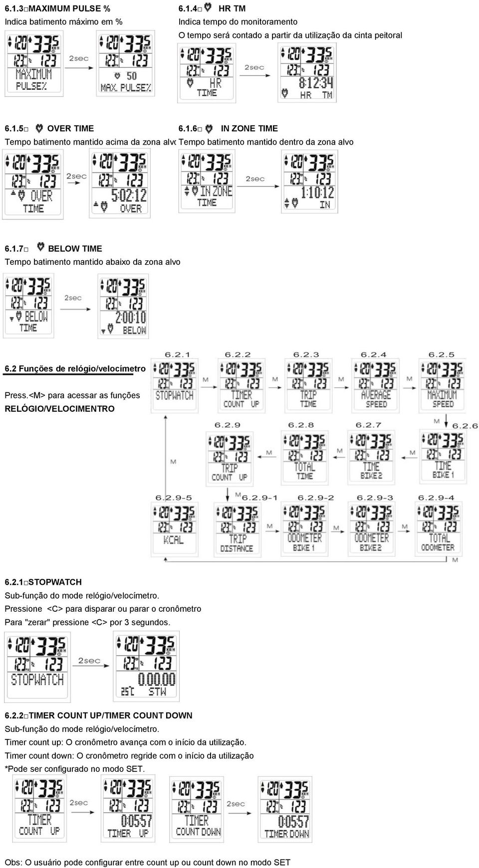 Pressione <C> para disparar ou parar o cronômetro Para "zerar" pressione <C> por 3 segundos. 6.2.2 TIMER COUNT UP/TIMER COUNT DOWN Sub-função do mode relógio/velocímetro.