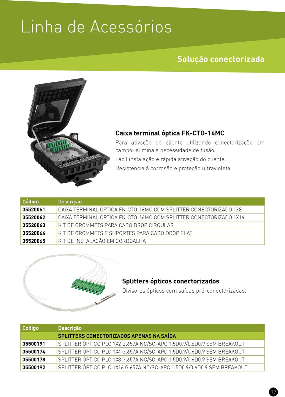 35520061 CAIXA TERMINAL ÓPTICA FK-CTO-16MC COM SPLITTER CONECTORIZADO 1X8 35520062 CAIXA TERMINAL ÓPTICA FK-CTO-16MC COM SPLITTER CONECTORIZADO 1X16 35520063 KIT DE GROMMETS PARA CABO DROP CIRCULAR