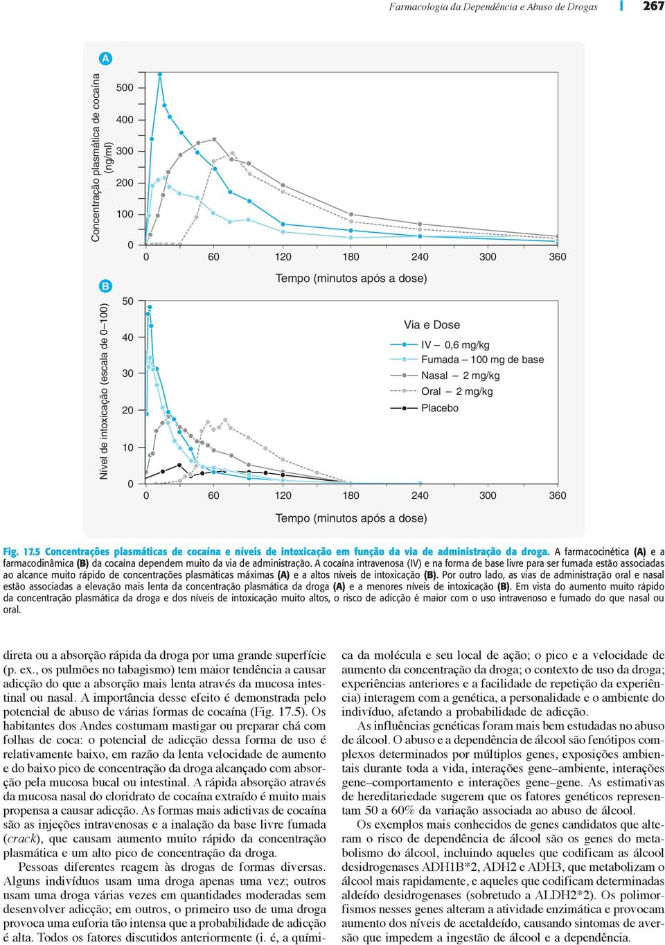 5 Concentrações plasmáticas de cocaína e níveis de intoxicação em função da via de administração da droga.