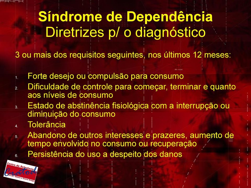 Forte desejo ou compulsão para consumo Dificuldade de controle para começar, terminar e quanto aos níveis de consumo