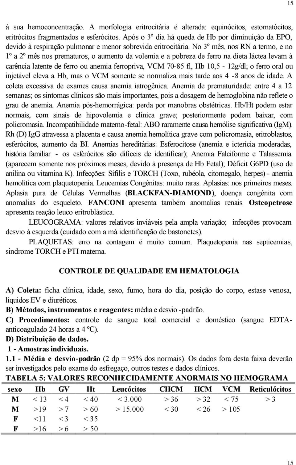 No 3º mês, nos RN a termo, e no 1º a 2º mês nos prematuros, o aumento da volemia e a pobreza de ferro na dieta láctea levam à carência latente de ferro ou anemia ferropriva, VCM 70-85 fl, Hb