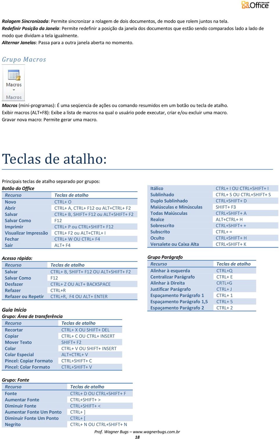 Alternar Janelas: Passa para a outra janela aberta no momento. Grupo Macros Macros (mini-programas): É uma seqüencia de ações ou comando resumidos em um botão ou tecla de atalho.