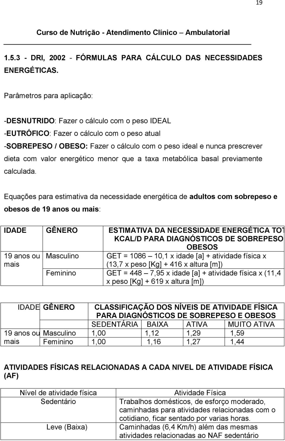 valor energético menor que a taxa metabólica basal previamente calculada.