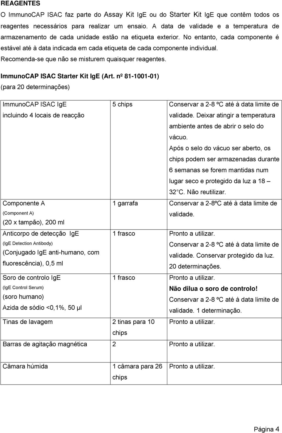 No entanto, cada componente é estável até à data indicada em cada etiqueta de cada componente individual. Recomenda-se que não se misturem quaisquer reagentes. ImmunoCAP ISAC Starter Kit IgE (Art.