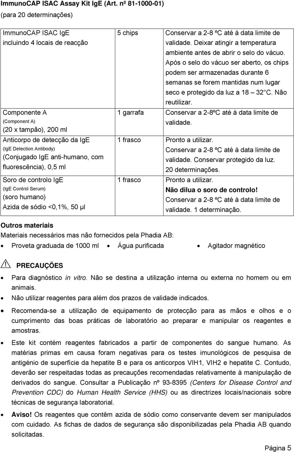 (Conjugado IgE anti-humano, com fluorescência), 0,5 ml Soro de controlo IgE (IgE Control Serum) (soro humano) Azida de sódio <0,1%, 50 µl 5 chips Conservar a 2-8 ºC até à data limite de validade.