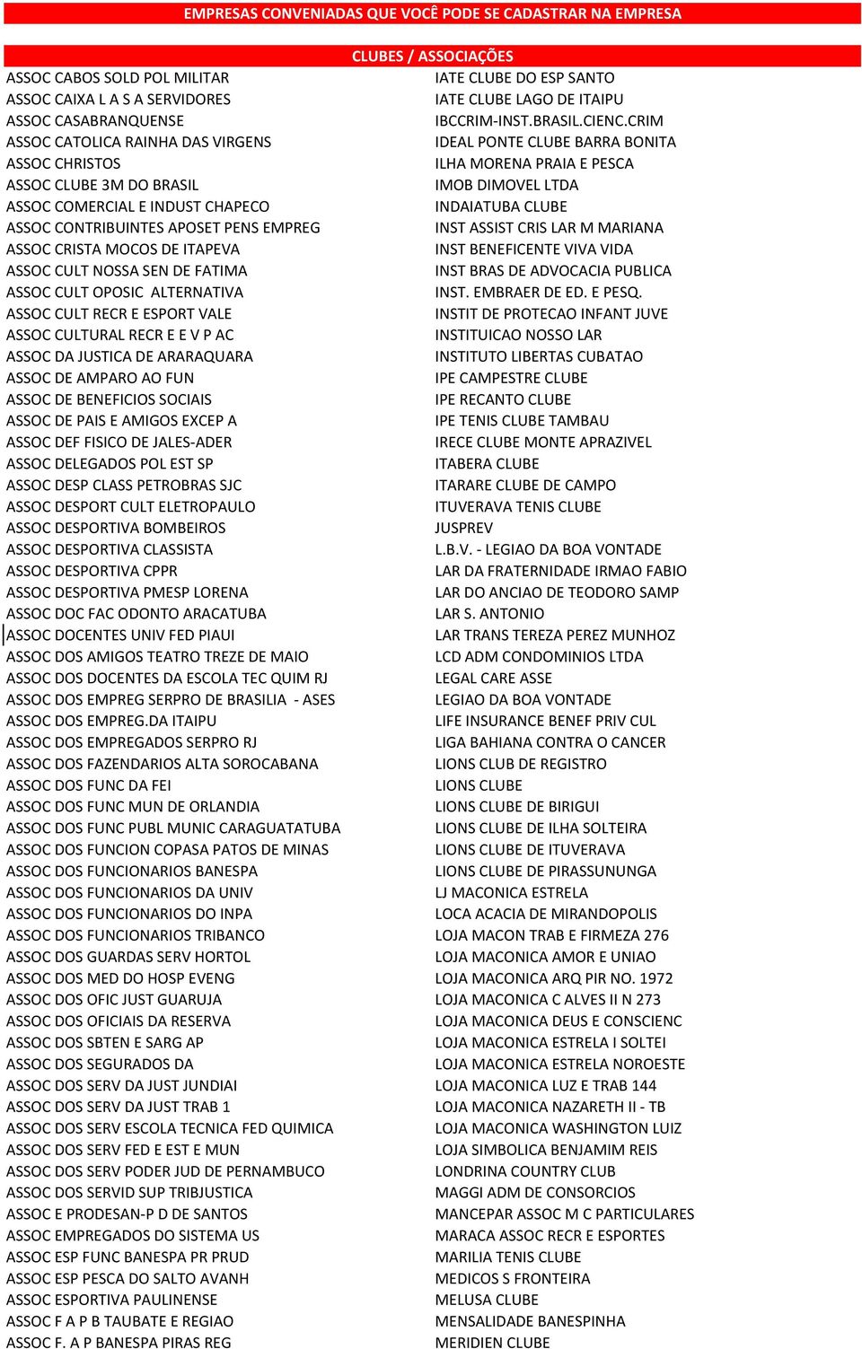 CLUBE ASSOC CONTRIBUINTES APOSET PENS EMPREG INST ASSIST CRIS LAR M MARIANA ASSOC CRISTA MOCOS DE ITAPEVA INST BENEFICENTE VIVA VIDA ASSOC CULT NOSSA SEN DE FATIMA INST BRAS DE ADVOCACIA PUBLICA