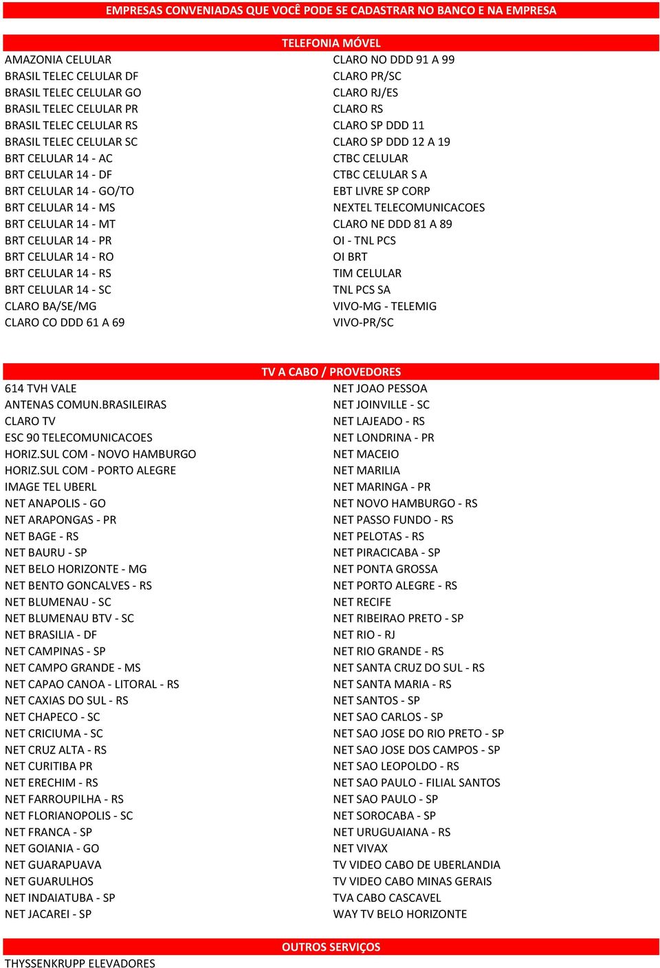 14 - GO/TO EBT LIVRE SP CORP BRT CELULAR 14 - MS NEXTEL TELECOMUNICACOES BRT CELULAR 14 - MT CLARO NE DDD 81 A 89 BRT CELULAR 14 - PR OI - TNL PCS BRT CELULAR 14 - RO OI BRT BRT CELULAR 14 - RS TIM