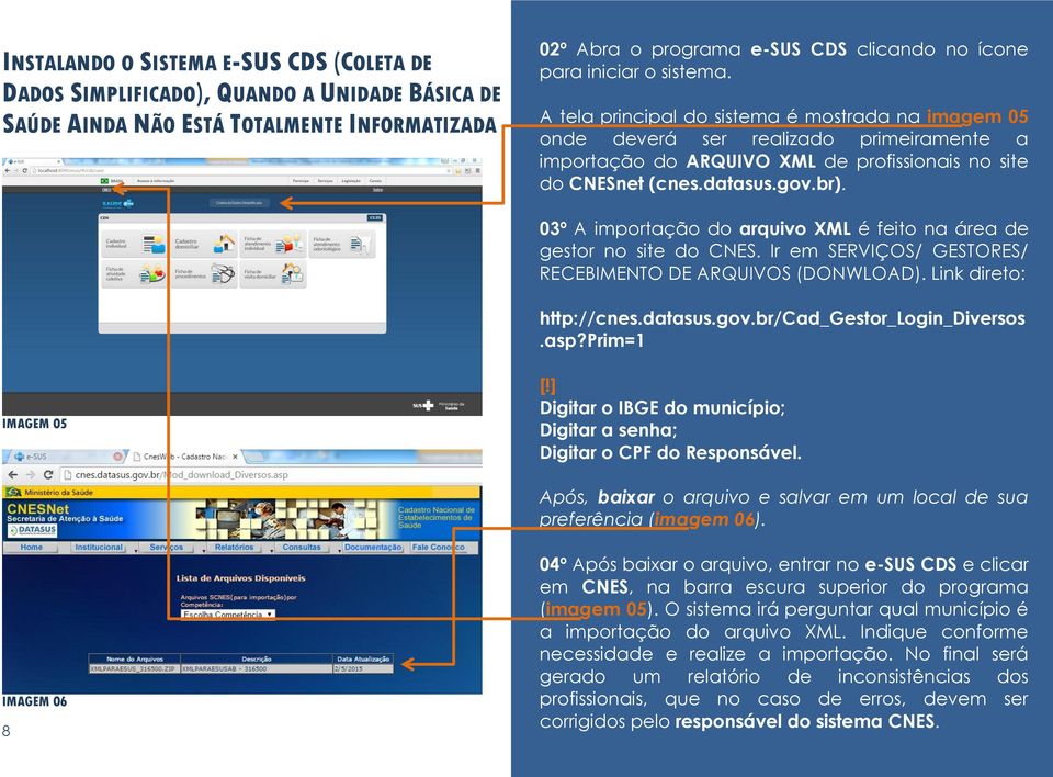 03º A importação do arquivo XML é feito na área de gestor no site do CNES. Ir em SERVIÇOS/ GESTORES/ RECEBIMENTO DE ARQUIVOS (DONWLOAD). Link direto: http://cnes.datasus.gov.