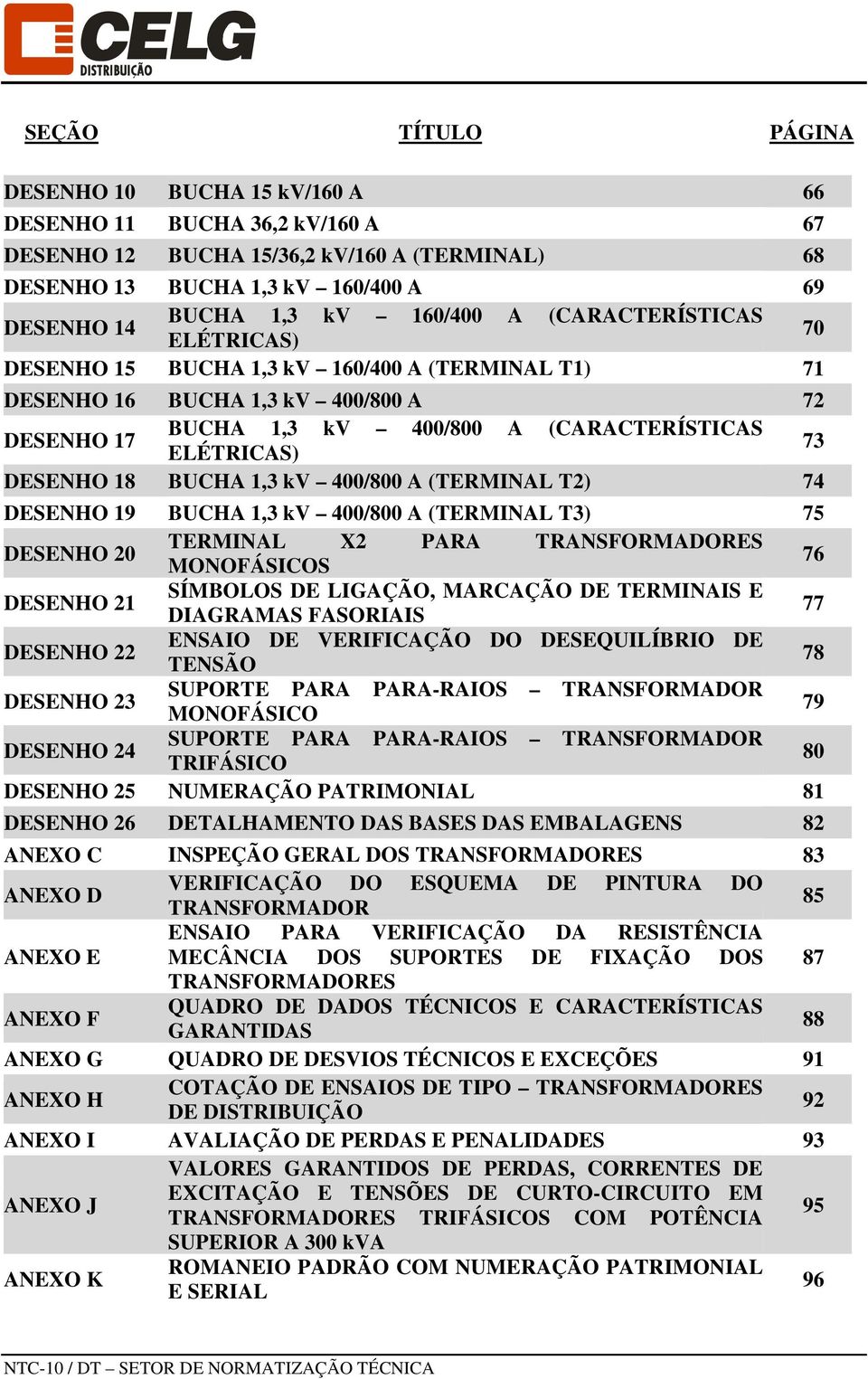 DESENHO 18 BUCHA 1,3 kv 400/800 A (TERMINAL T2) 74 DESENHO 19 BUCHA 1,3 kv 400/800 A (TERMINAL T3) 75 DESENHO 20 TERMINAL X2 PARA TRANSFORMADORES MONOFÁSICOS 76 DESENHO 21 SÍMBOLOS DE LIGAÇÃO,