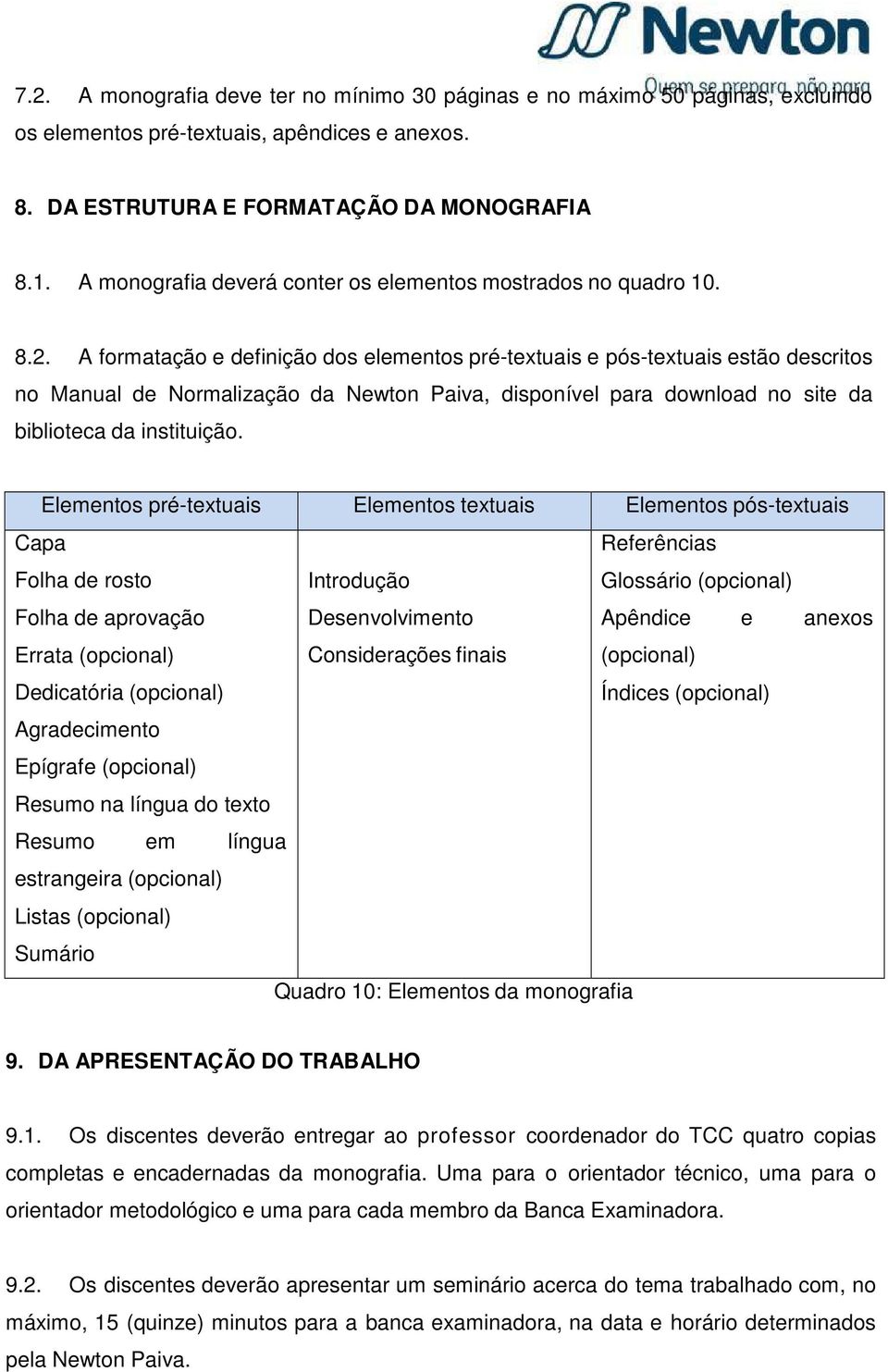 A formatação e definição dos elementos pré-textuais e pós-textuais estão descritos no Manual de Normalização da Newton Paiva, disponível para download no site da biblioteca da instituição.