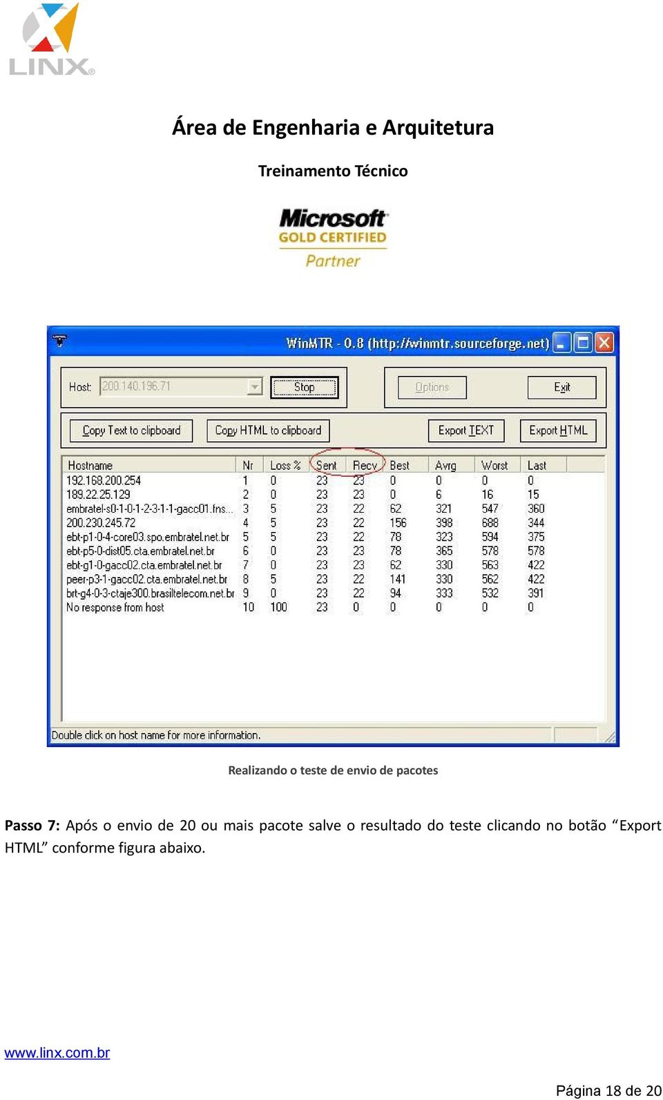 resultado do teste clicando no botão Export