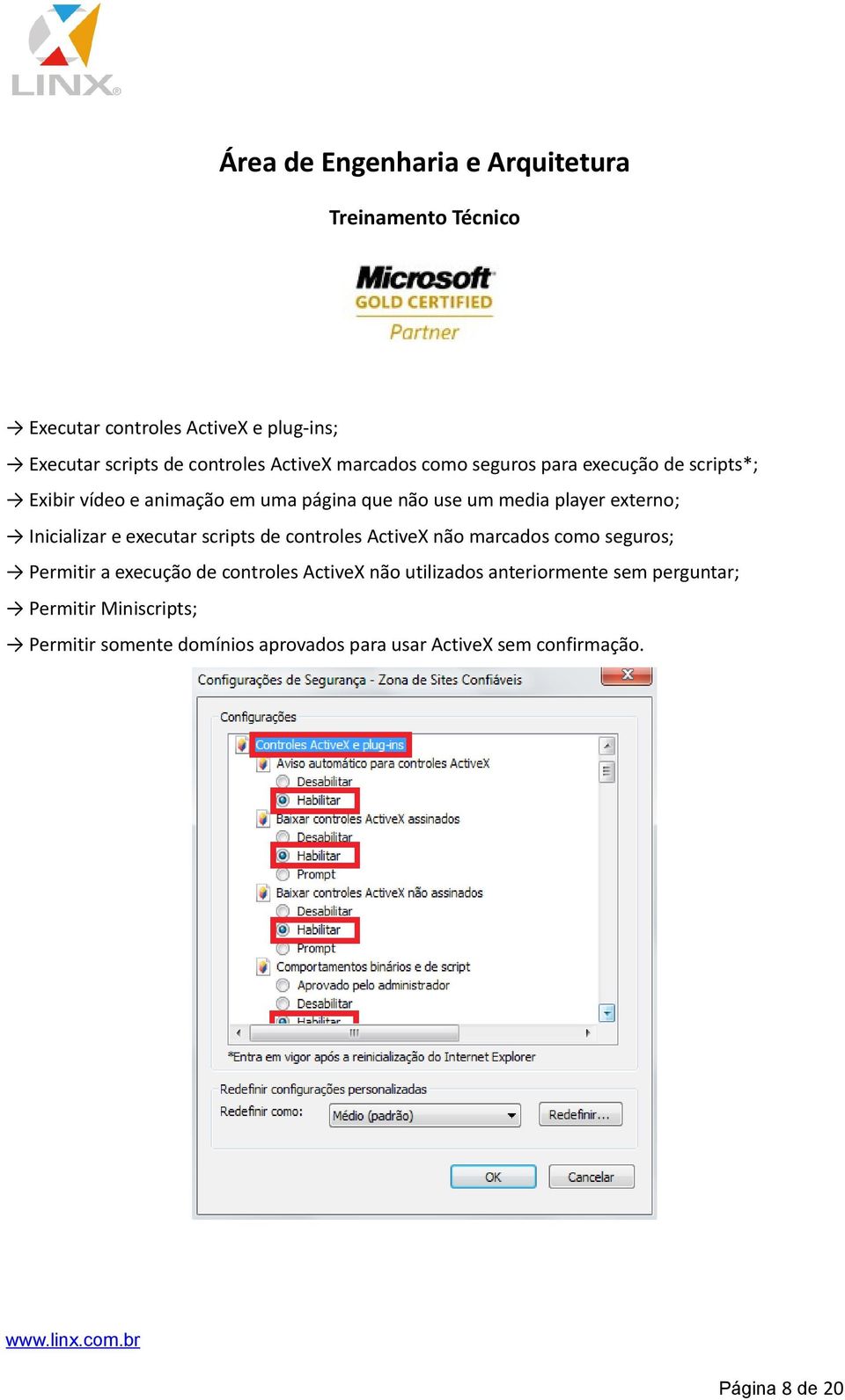 de controles ActiveX não marcados como seguros; Permitir a execução de controles ActiveX não utilizados anteriormente