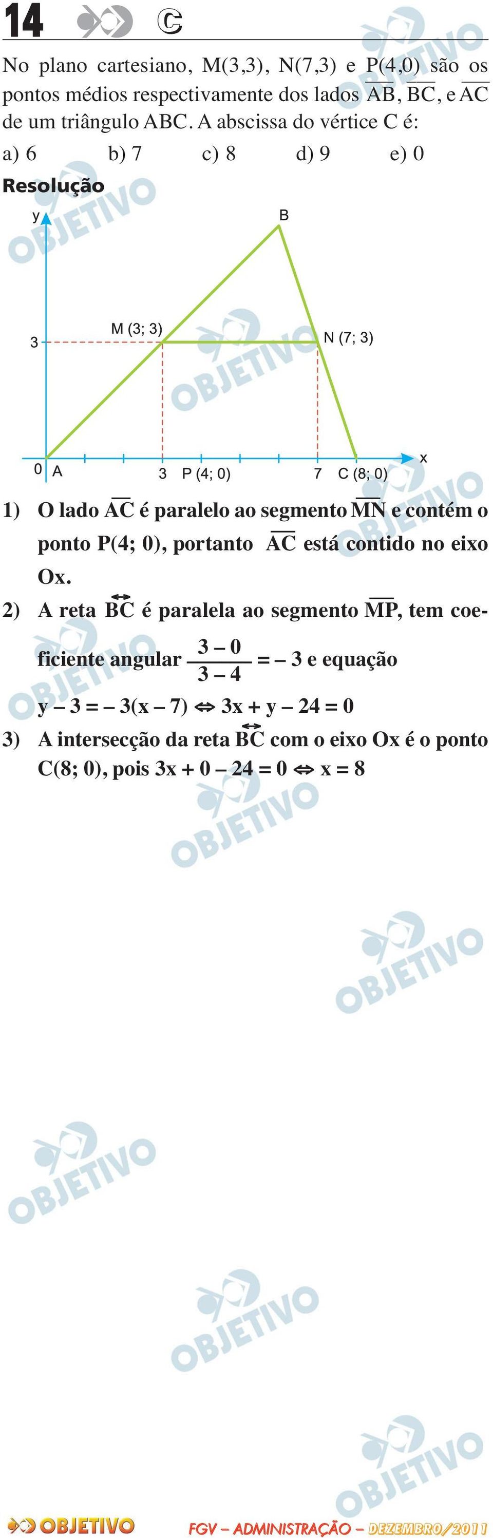 A abscissa do vértice C é: a) 6 b) 7 c) 8 d) 9 e) 0 1) O lado AC é paralelo ao segmento MN e contém o ponto P(4; 0),