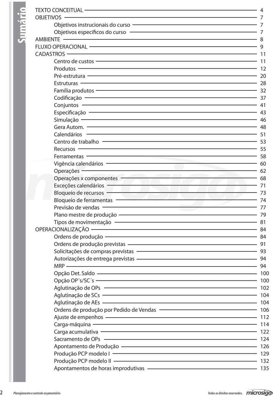 48 Calendários 51 Centro de trabalho 53 Recursos 55 Ferramentas 58 Vigência calendários 60 Operações 62 Operações x componentes 68 Exceções calendários 71 Bloqueio de recursos 73 Bloqueio de