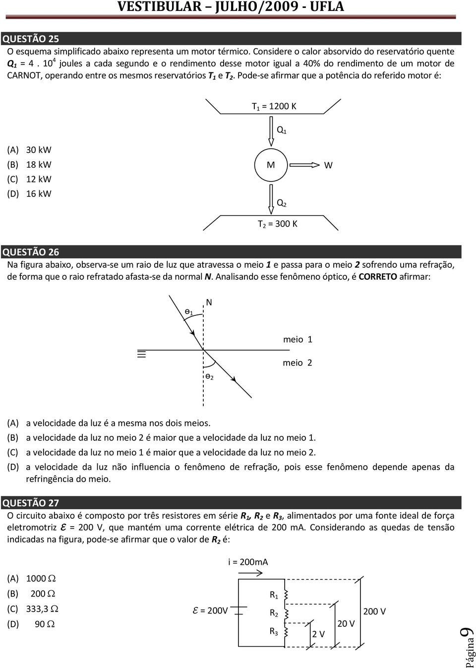 Pode se afirmar que a potência do referido motor é: T = 00 K Q (A) 0 kw (B) 8 kw (C) kw (D) 6 kw M Q T = 00 K W QUESTÃO 6 Na figura abaixo, observa se um raio de luz que atravessa o meio e passa para