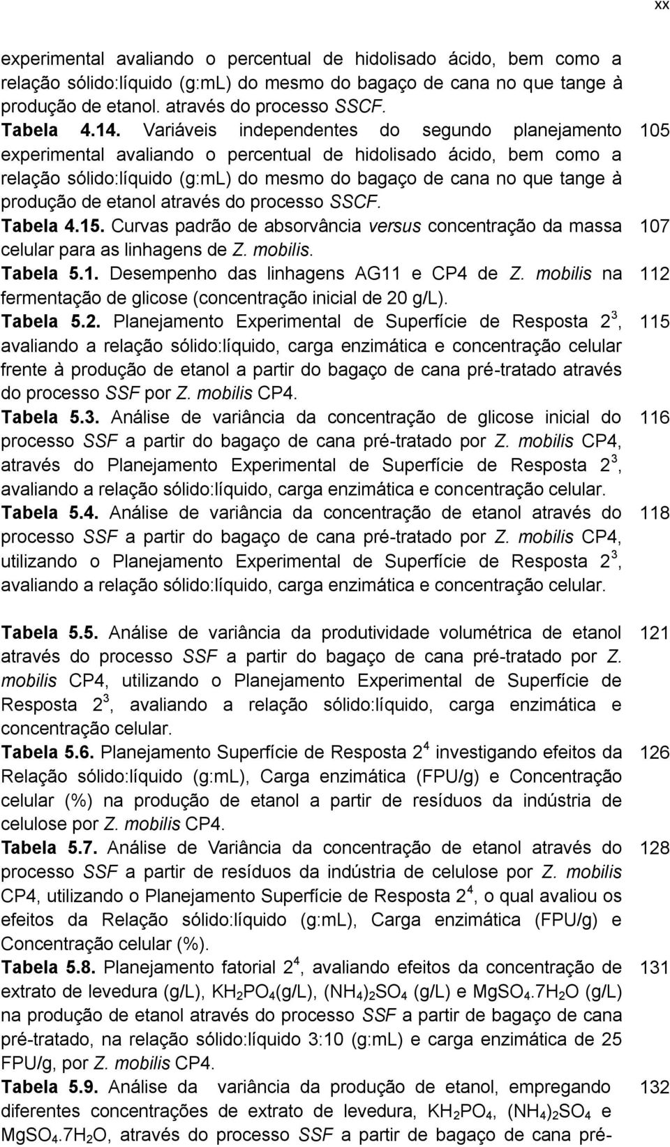 produção de etanol através do processo SSCF. Tabela 4.15. Curvas padrão de absorvância versus concentração da massa celular para as linhagens de Z. mobilis. Tabela 5.1. Desempenho das linhagens AG11 e CP4 de Z.