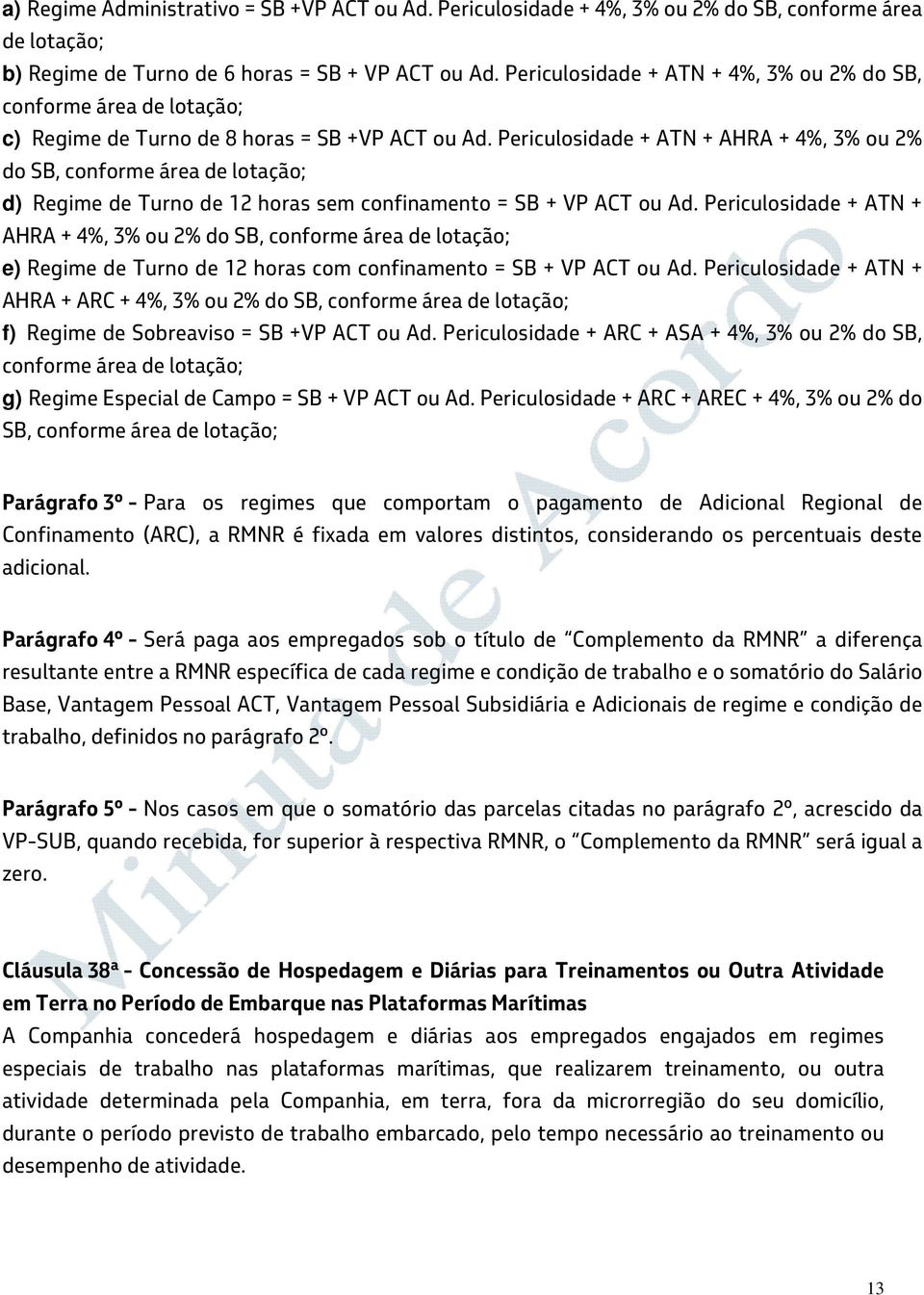 Periculosidade + ATN + AHRA + 4%, 3% ou 2% do SB, conforme área de lotação; d) Regime de Turno de 12 horas sem confinamento = SB + VP ACT ou Ad.