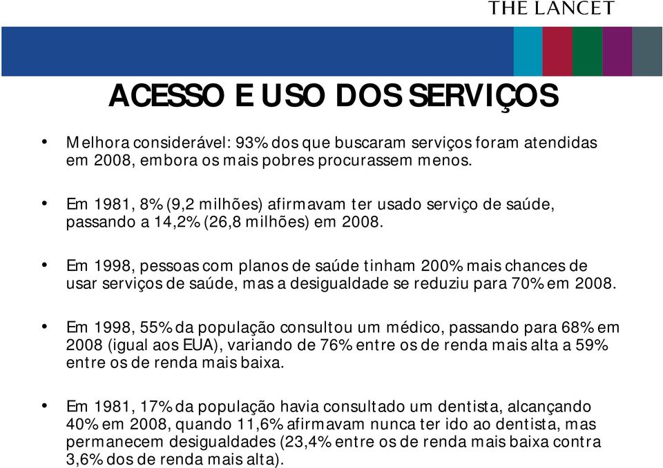 Em 1998, pessoas com planos de saúde tinham 200% mais chances de usar serviços de saúde, mas a desigualdade se reduziu para 70% em 2008.