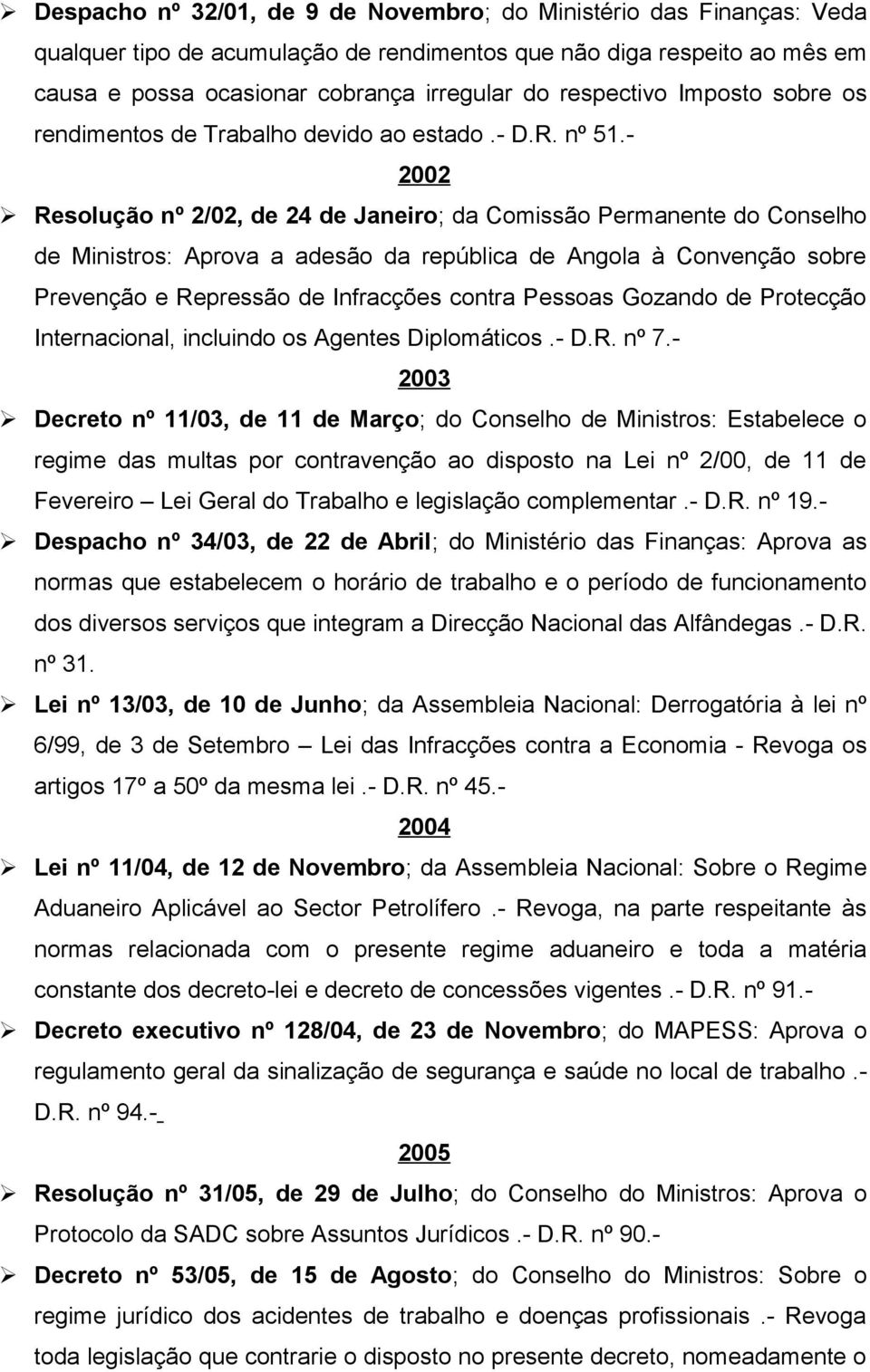 - 2002 Resolução nº 2/02, de 24 de Janeiro; da Comissão Permanente do Conselho de Ministros: Aprova a adesão da república de Angola à Convenção sobre Prevenção e Repressão de Infracções contra