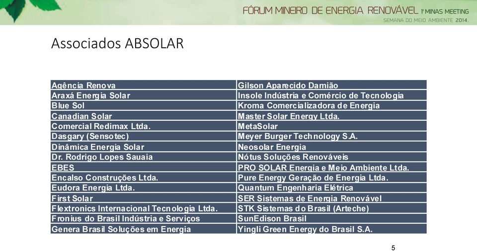 Fronius do Brasil Indústria e Serviços Genera Brasil Soluções em Energia Gilson Aparecido Damião Insole Indústria e Comércio de Tecnologia Kroma Comercializadora de Energia Master Solar Energy