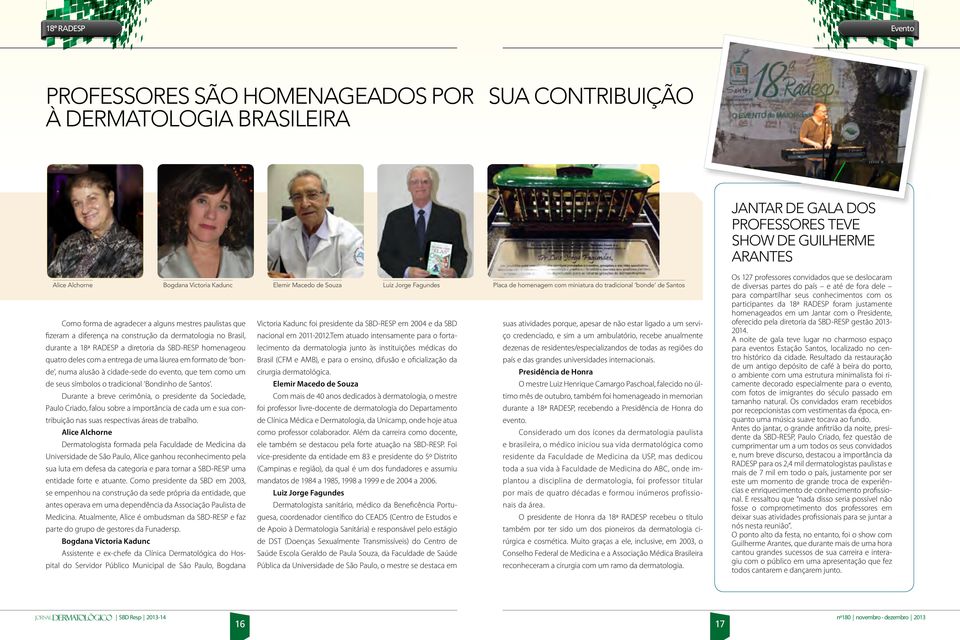 dermatologia no Brasil, durante a 18ª RADESP a diretoria da SBD-RESP homenageou quatro deles com a entrega de uma láurea em formato de bonde, numa alusão à cidade-sede do evento, que tem como um de