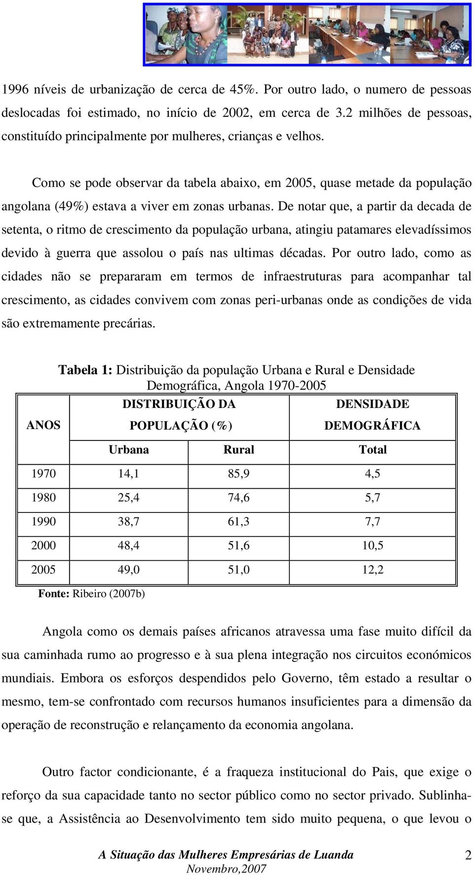 Como se pode observar da tabela abaixo, em 2005, quase metade da população angolana (49%) estava a viver em zonas urbanas.