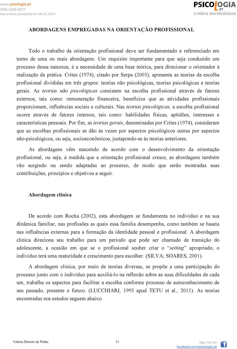 Crites (1974), citado por Serpa (2003), apresenta as teorias da escolha profissional divididas em três grupos: teorias não psicológicas, teorias psicológicas e teorias gerais.