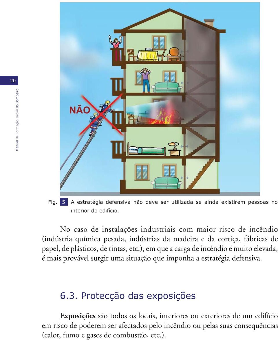 plásticos, de tintas, etc.), em que a carga de incêndio é muito elevada, é mais provável surgir uma situação que imponha a estratégia defensiva. 6.3.