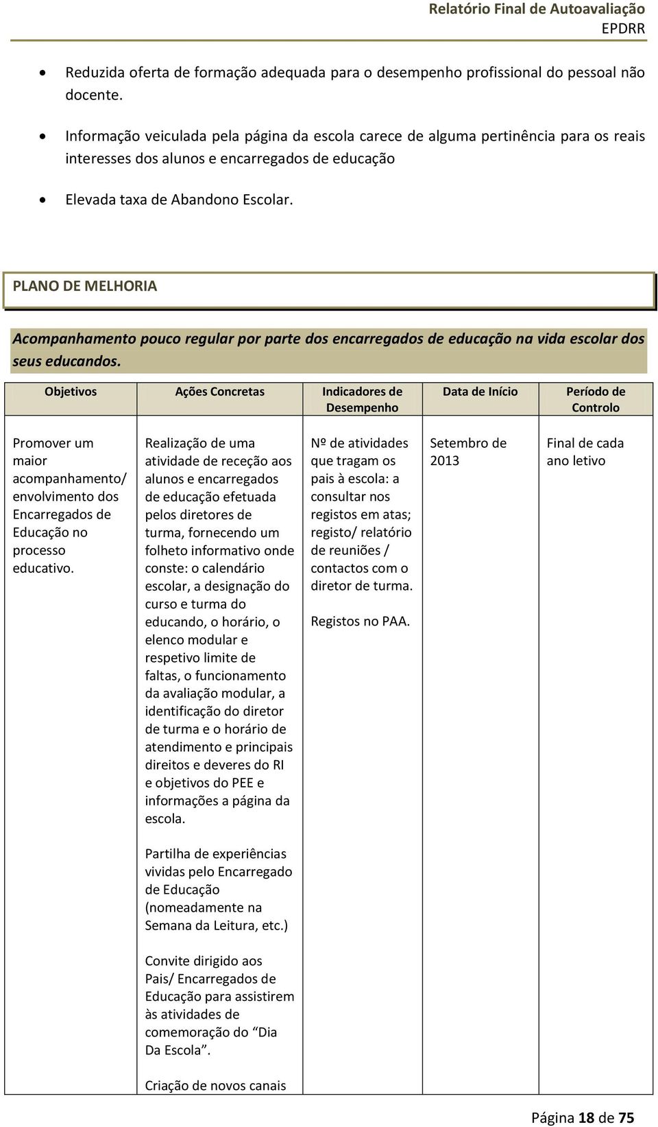 PLANO DE MELHORIA Acompanhamento pouco regular por parte dos encarregados de educação na vida escolar dos seus educandos.