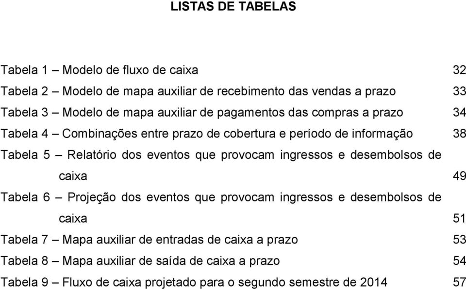 que provocam ingressos e desembolsos de caixa 49 Tabela 6 Projeção dos eventos que provocam ingressos e desembolsos de caixa 51 Tabela 7 Mapa auxiliar