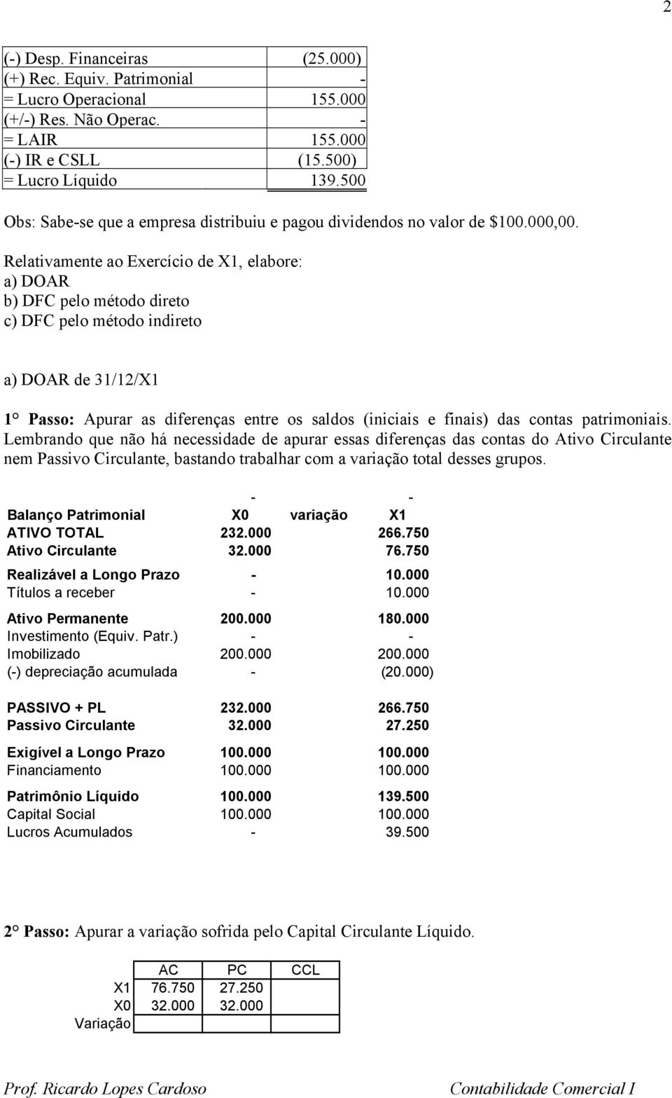 Relativamente ao Exercício de X1, elabore: a) DOAR b) DFC pelo método direto c) DFC pelo método indireto a) DOAR de 31/12/X1 1 Passo: Apurar as diferenças entre os saldos (iniciais e finais) das