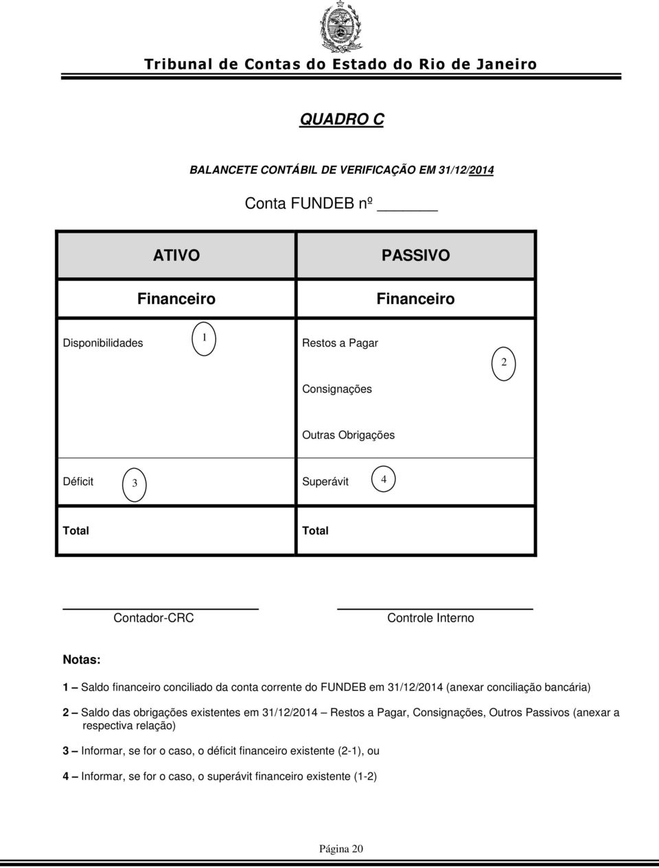 FUNDEB em 31/12/2014 (anexar conciliação bancária) 2 Saldo das obrigações existentes em 31/12/2014 Restos a Pagar, Consignações, Outros Passivos (anexar