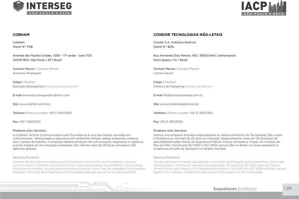 Rodrigues Camila Aguiar Business Development Business Development Diretora de Marketing Marketing Director E-mail armando.rodrigues@cobham.com E-mail info@condornaoletal.com.br Site www.cobham.com/tcs Site www.