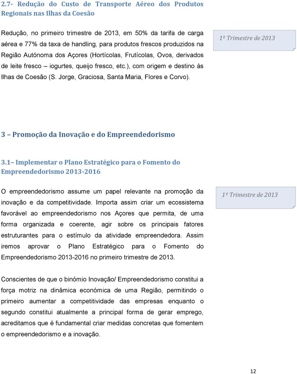 Jorge, Graciosa, Santa Maria, Flores e Corvo). 1º Trimestre de 2013 3 Promoção da Inovação e do Empreendedorismo 3.
