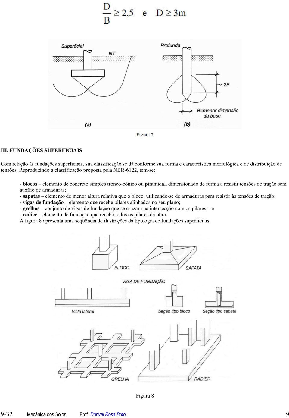 armaduras; - sapatas elemento de menor altura relativa que o bloco, utilizando-se de armaduras para resistir às tensões de tração; - vigas de fundação elemento que recebe pilares alinhados no seu