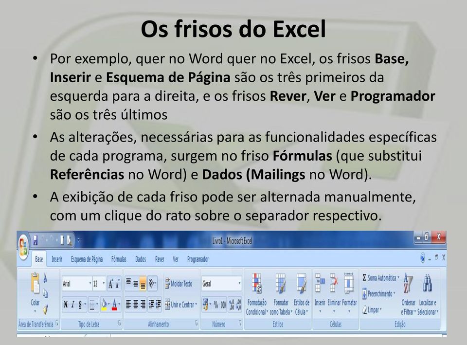 para as funcionalidades específicas de cada programa, surgem no friso Fórmulas (que substitui Referências no Word) e Dados