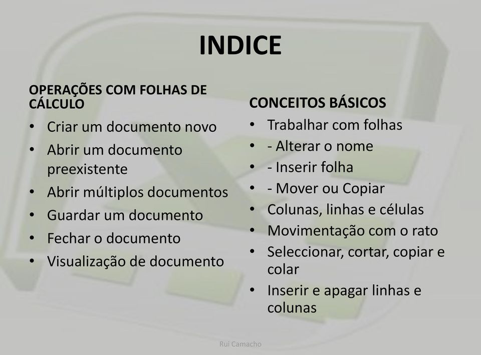 CONCEITOS BÁSICOS Trabalhar com folhas - Alterar o nome - Inserir folha - Mover ou Copiar Colunas,