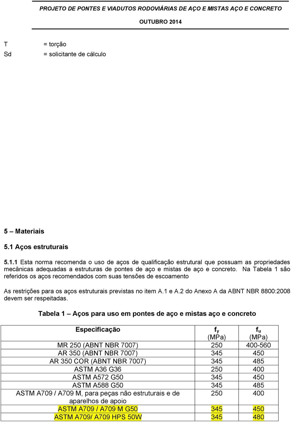 Na Tabela 1 são referidos os aços recomendados com suas tensões de escoamento As restrições para os aços estruturais previstas no item A.1 e A.2 do Anexo A da ABNT NBR 8800:2008 devem ser respeitadas.