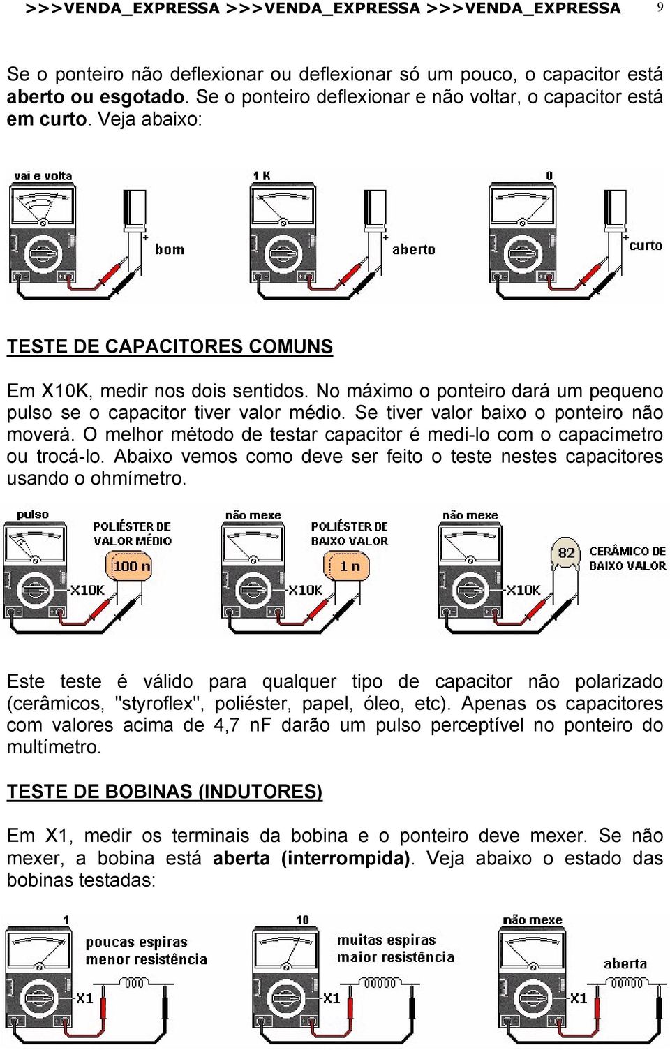 No máximo o ponteiro dará um pequeno pulso se o capacitor tiver valor médio. Se tiver valor baixo o ponteiro não moverá. O melhor método de testar capacitor é medi-lo com o capacímetro ou trocá-lo.